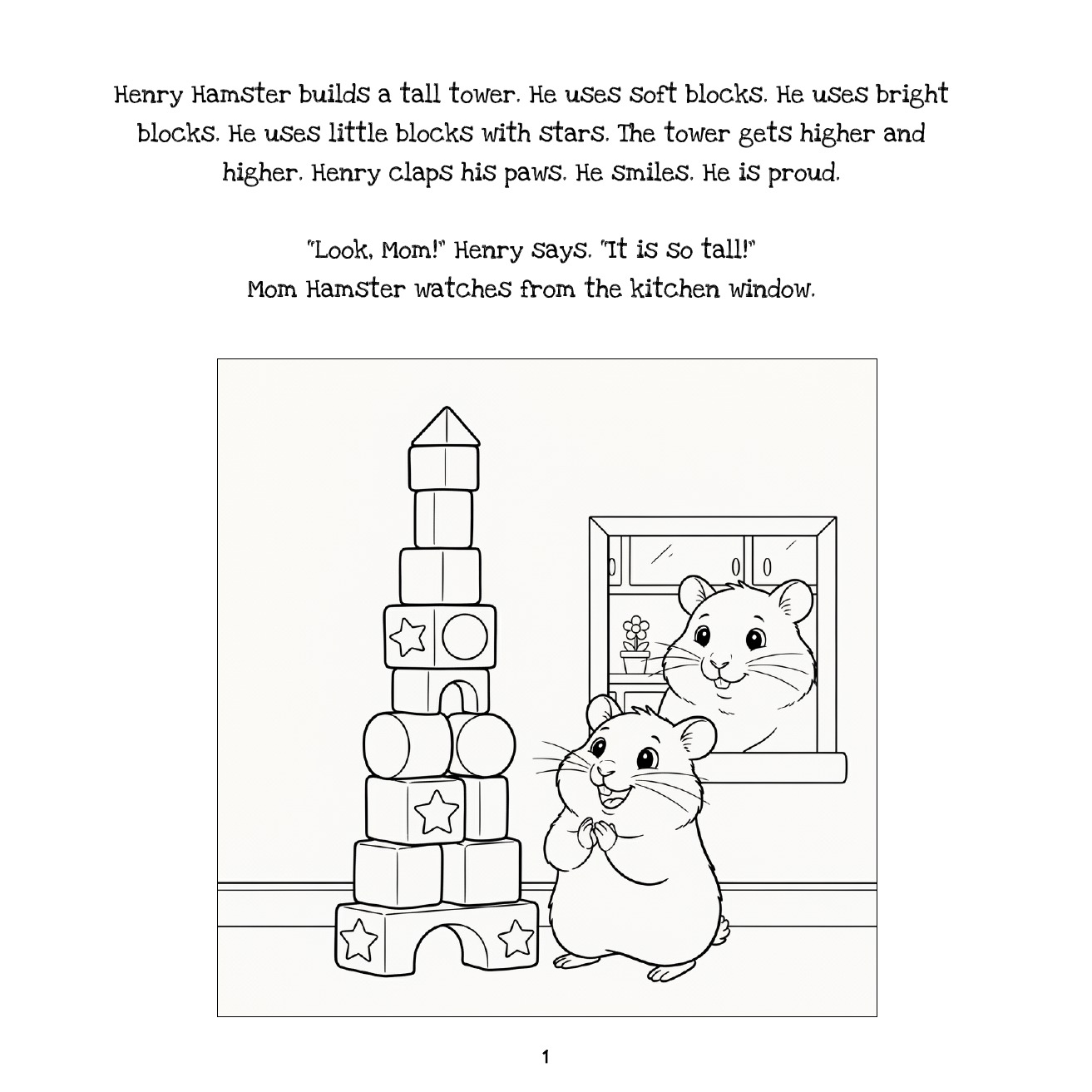 Printable colouring page from Hugs and Hope showing a hamster building a block tower