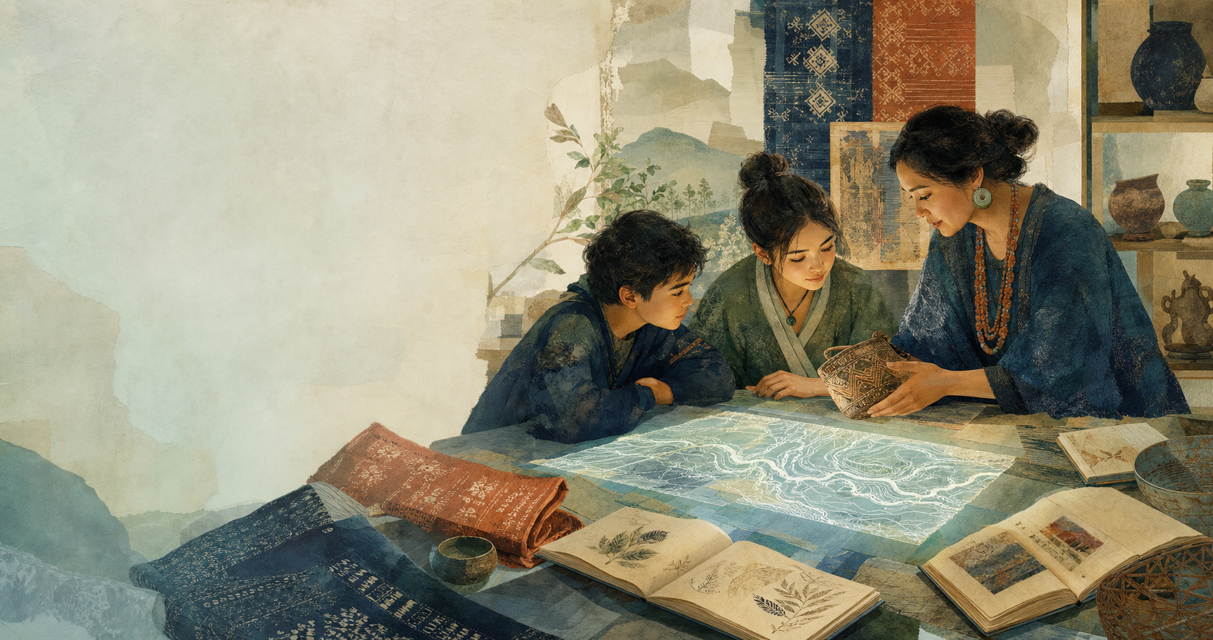An educator and young learners studying cultural objects and materials together