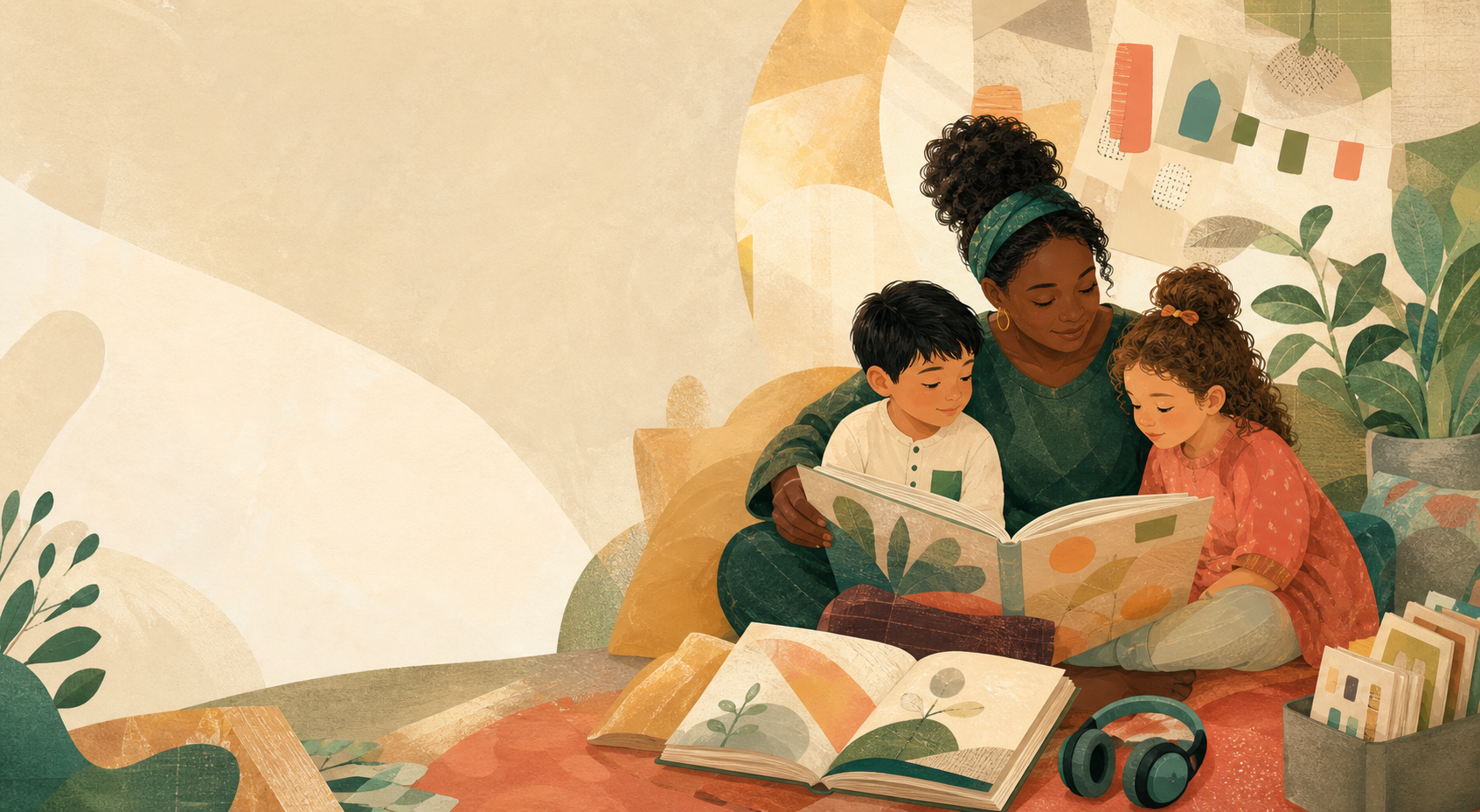 An adult and two children reading picture books together